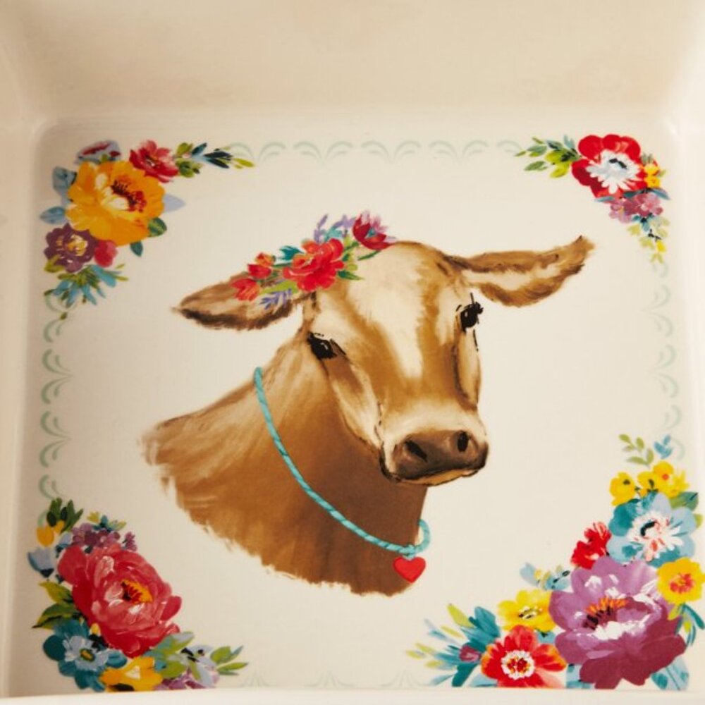 Pioneer Woman Sweet Romance Cow Ceramic Square Baking Dish Farmhouse Baker 8"x8" - Picture 5 of 10